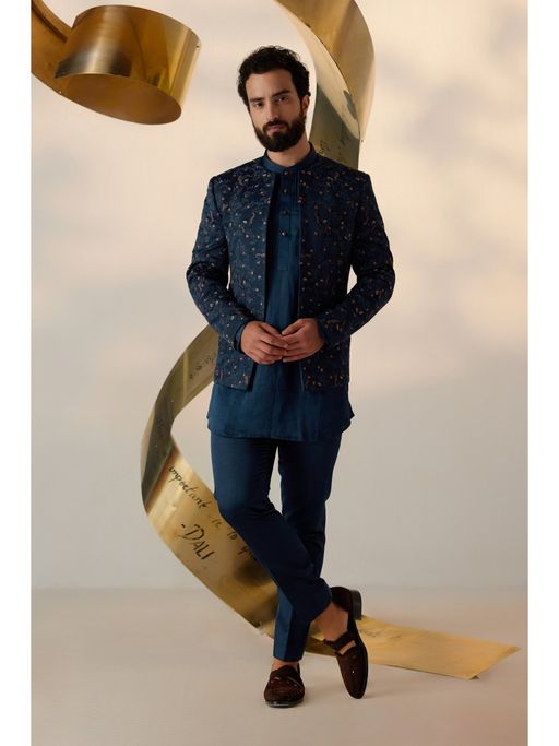 Jatin Malik Beryl Blue Short Jacket with Kurta & Trouser (Set of 3)