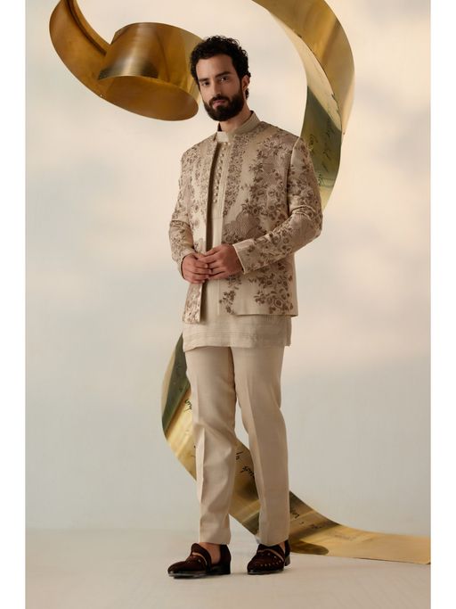 Jatin Malik Sand Grey Short Jacket with Kurta & Trouser (Set of 3)