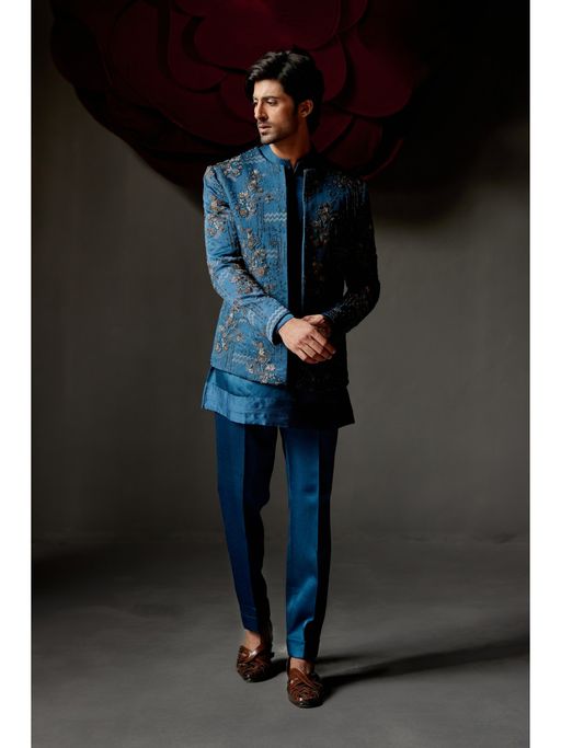 Jatin Malik New Teal Short Jacket with Kurta & Trouser (Set of 3)