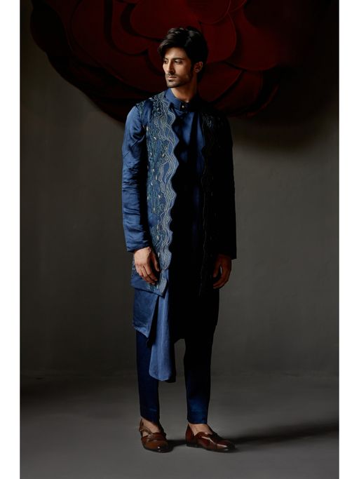 Jatin Malik Dusky Blue Shrug with Kurta & Trouser (Set of 3)