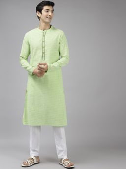 See Designs - Men Lime Green & White Printed Pure Cotton Straight Kurta with Pyjama (Set of 2)
