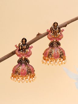 Karatcart - Antique Gold Plated Pink Mata Laxmi Jhumki Earrings for Women