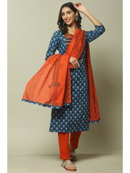 Biba - Blue Cotton Unstitched Suit (Set of 3)