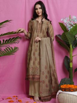 Stylee LIFESTYLE - Beige Chanderi Digital Printed Dress Material (Set of 3)