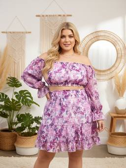 Berrylush - Purple Printed Off Shoulder Neck Co-ord Set