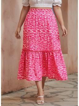 Berrylush - Pink Printed Midi Flared Skirt