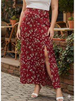 Berrylush - Maroon Women Floral Printed High Rise Side Slit A-Line Midi Skirt