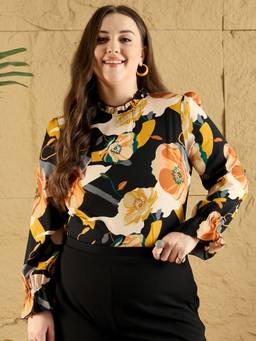 Berrylush - Multi-Color Plus Size Floral Printed High Neck Top