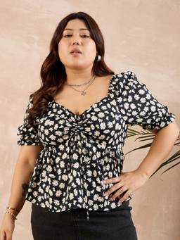 Berrylush - Black Sweetheart Neck Floral Printed Top