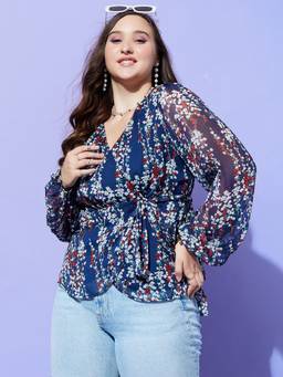Berrylush - Blue Plus Size Floral Print Tie Ups Wrap Top