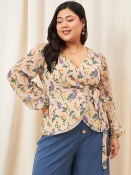 Berrylush - Beige Plus Size Floral Printed Puff Sleeves Georgette Wrap Top