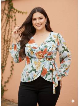 Berrylush - Multi-Color Floral Printed Plus Size Wrap Top