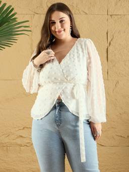 Berrylush - White Plus Size Bishop Sleeves Wrap Top