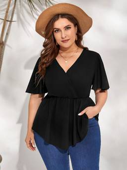 Berrylush - Black V-Neck Flutter Sleeve Peplum Top