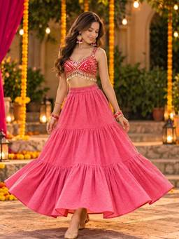 Sera - Coral Tiered Garba & Dandiya Skirt