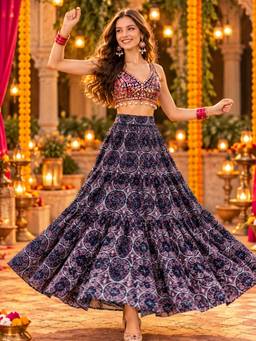 Sera - Navy Blue Cotton Garba & Dandiya Skirt