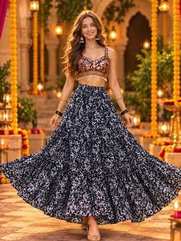 Sera - Navy Blue Cotton Garba & Dandiya Skirt