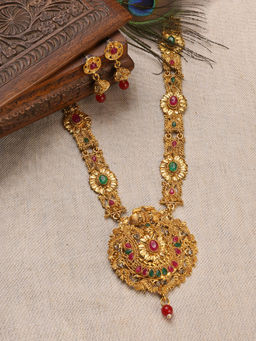 Sohi - Gold Plated Red Stone Studded Pearl Beaded Meenakari Jewellery (Set of 2)