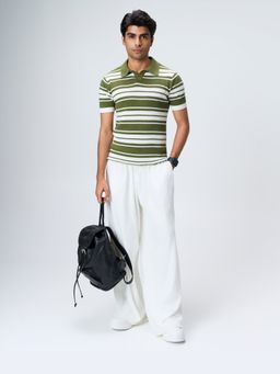 House of Namah - Sage Green Mesh Stripe Pure Cotton V-Polo T-shirt