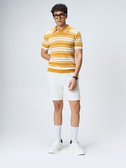 House of Namah - Mustard Mesh Stripe Pure Cotton V-Polo T-shirt