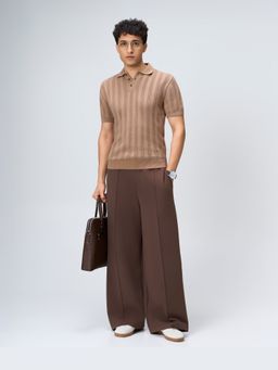 House of Namah - Warm Tan Linear Pure Cotton B-Polo T-shirt