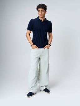 House of Namah - Midnight Blue Linear Pure Cotton B-Polo T-shirt