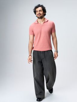 House of Namah - Clay Pink Brickline Pure Cotton V-Polo T-Shirt