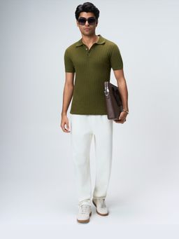 House of Namah - Khaki Green Cable Pure Cotton B-Polo T-shirt