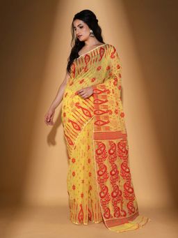 Beatitude - Yellow Cotton Silk Jacquard Jamdani Saree with Unstitched Blouse