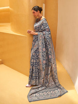 Odette - Festive Grey Silk Blend Woven Saree with Unstitched Blouse