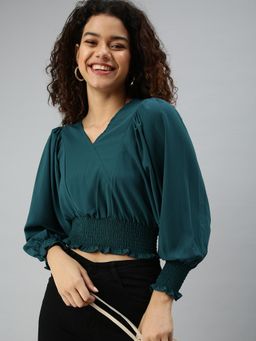 SHOWOFFFF - Women V-Neck Balloon Sleeve Solid Green Crop Top