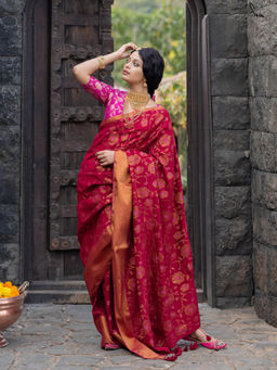 Suta - Red Floral Saree without Blouse Piece, Fall attached with Tassels