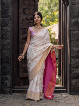 Suta - White Floral Saree without Blouse Piece, Fall attached with Tassels
