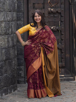 Suta - Maroon Floral Saree without Blouse Piece, Fall attached with Tassels