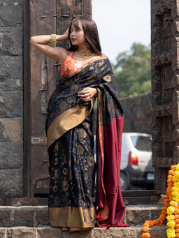 Suta - Black Floral Saree without Blouse Piece, Fall attached with Tassels