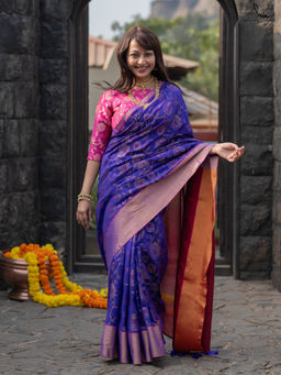 Suta - Purple Floral Saree without Blouse Piece, Fall attached with Tassels