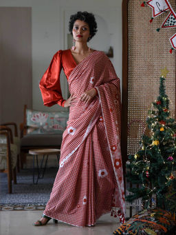 Suta - Red Printed Saree without Blouse Piece, Fall attached and Tassels