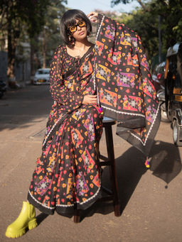 Suta - Black Printed Saree without Blouse Piece, Fall attached