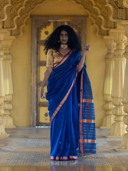 Suta - Solid Blue Saree without Blouse Piece, Fall attached