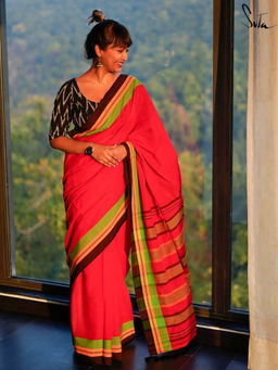 Suta - Red Cotton Saree without Blouse Piece, Fall attached and Tassels