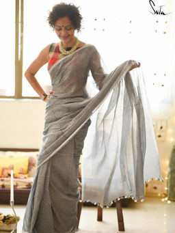 Suta - Solid Grey Saree without Blouse Piece, Fall attached and Tassels
