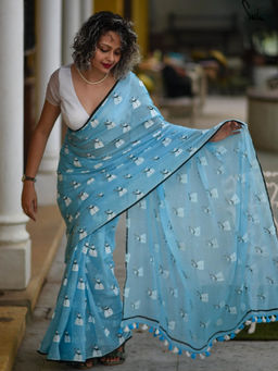 Suta - Blue Printed Saree without Blouse Piece, Fall attached and Tassels