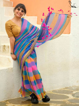 Suta - Multicolour Checks Saree without Blouse Piece, Fall attached and Tassels
