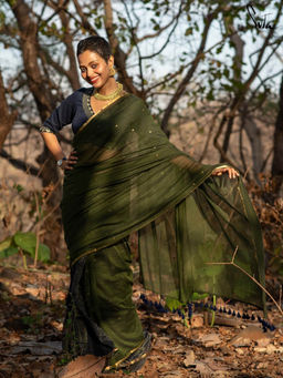Suta - Green Stripes Saree without Blouse Piece, Fall attached and Tassels