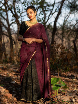 Suta - Maroon Stripes Saree without Blouse Piece, Fall attached and Tassels