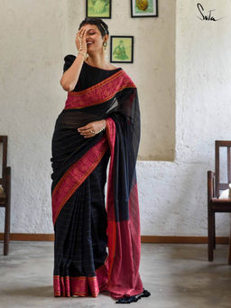 Suta - Black Mul Saree without Blouse Piece, Fall attached and Tassels