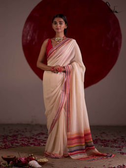 Suta - Off White Solid Mul Saree without Blouse Piece, Fall attached