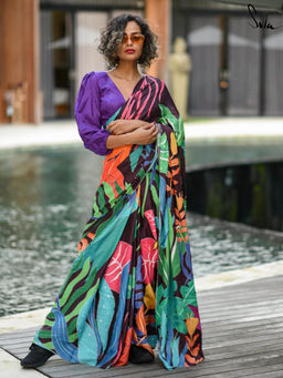 Suta - Multicolour Viscose Saree without Blouse Piece, Fall attached