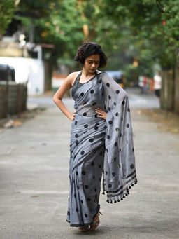Suta - Grey Polka Dot Saree without Blouse Piece, Fall attached and Tassels