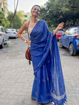 Suta - Blue Printed Saree without Blouse Piece, Fall attached and Tassels